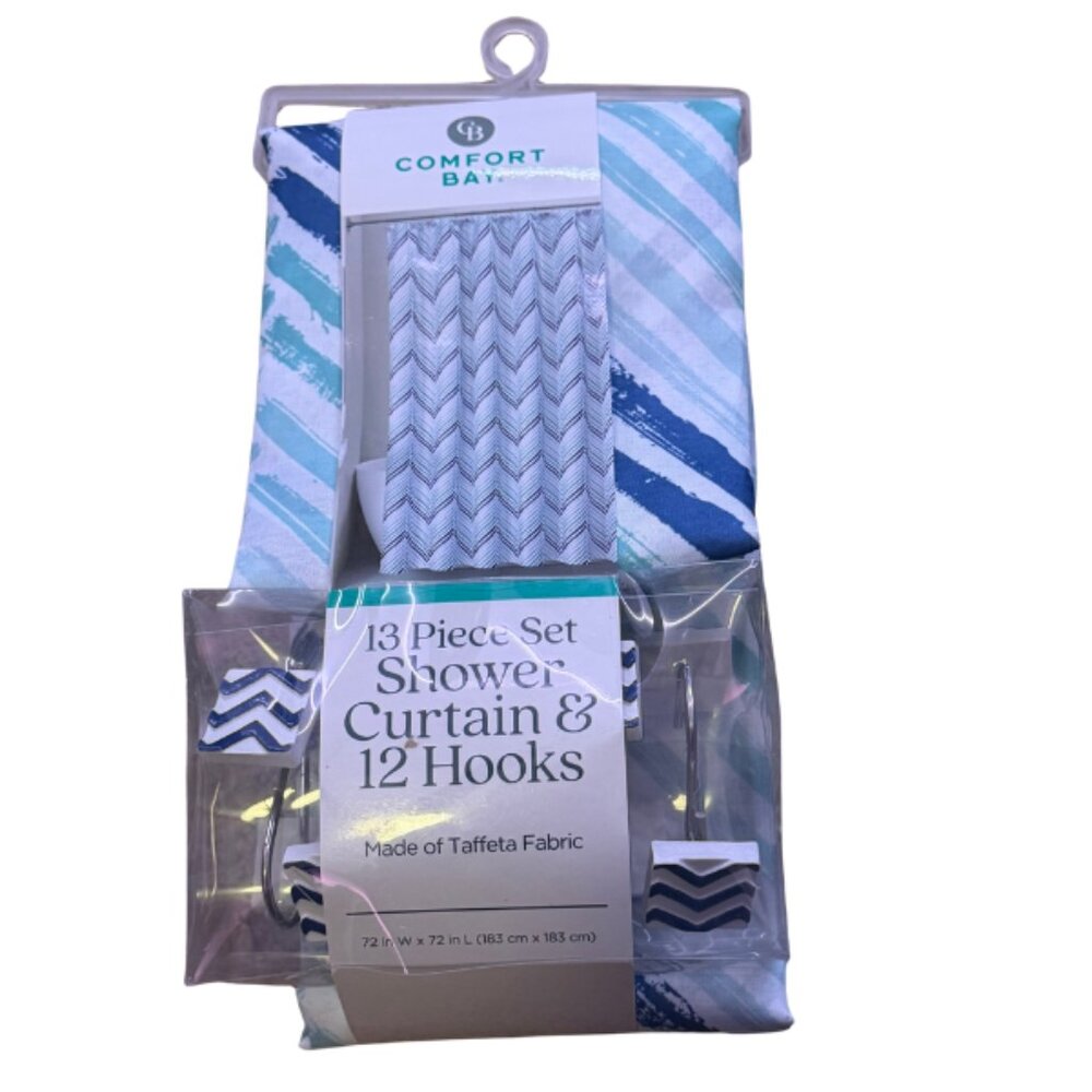 Comfort Bay 13 Pc Shower Curtain Set Blue Abstract Stripe 72x72 w/ 12 Hooks - Picture 2 of 5